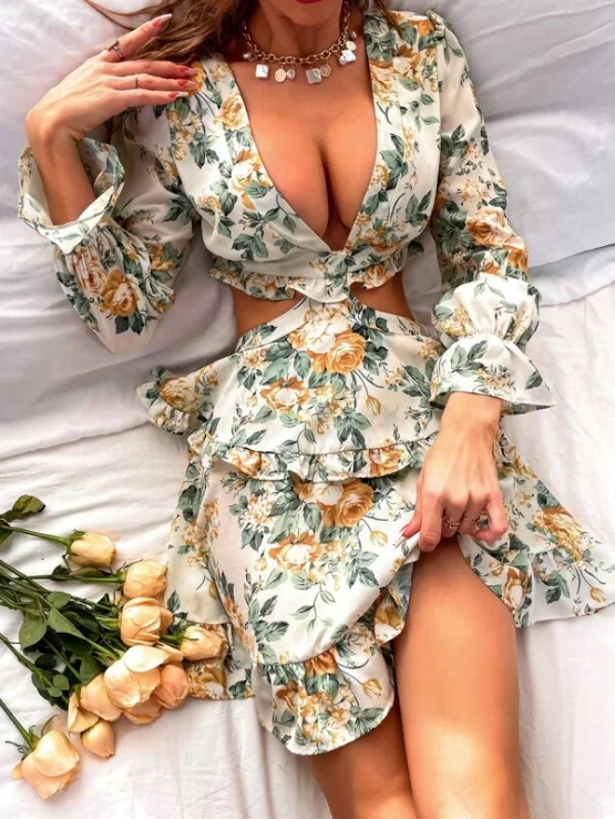 Random Floral Print Plunging Neck Tie Back Flounce Layered Chiffon Sleeve Dress - Image 4