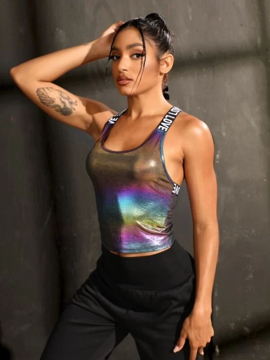 Color-Changing Polarized Holographic Contrast Letter Tape Tie Back Sports Tank Top