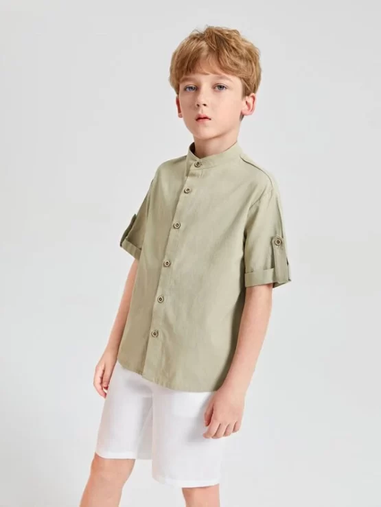 BASICS Boys Solid Casual Roll Up Sleeve Shirt