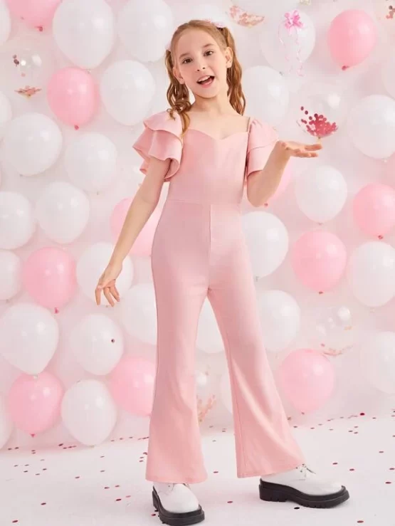 Girls 1pc Sweetheart Neckline Layered Sleeve Jumpsuit