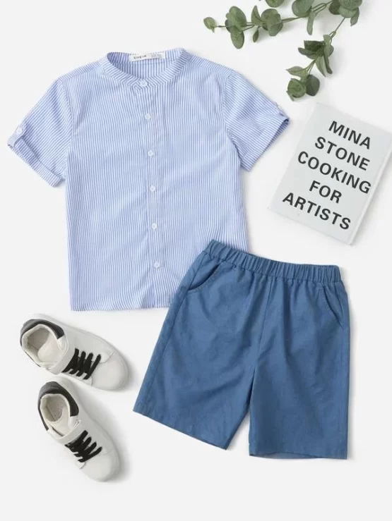 Boys Striped Print Button Front Top & Shorts