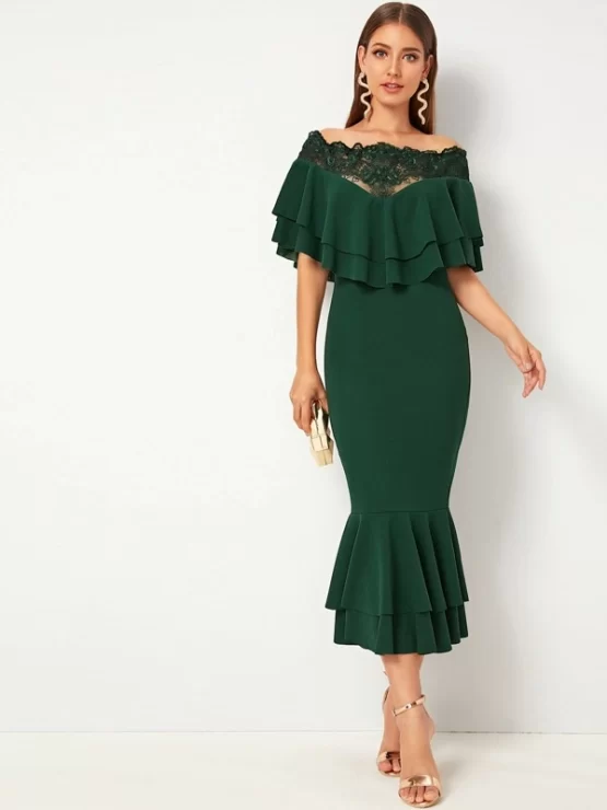 Bardot Ruffle Layered Trim Embroidered Insert Mesh Dress - Image 4