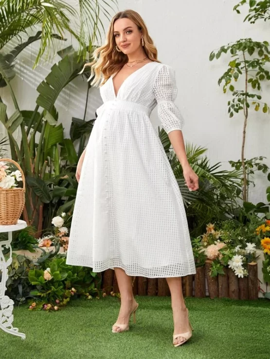 Maternity Button Front Gathered Sleeve Dress - Image 4