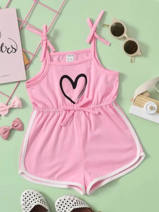 Baby Heart Contrast Binding Knot Detail Print Romper - Image 4