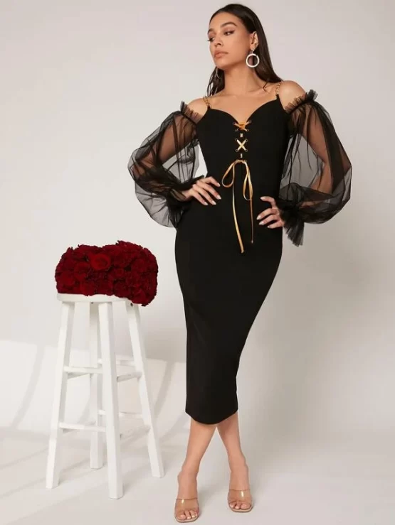 Cold Shoulder Sheer Mesh Flounce Sleeve Lace Up Front Bodycon Dress - Image 4