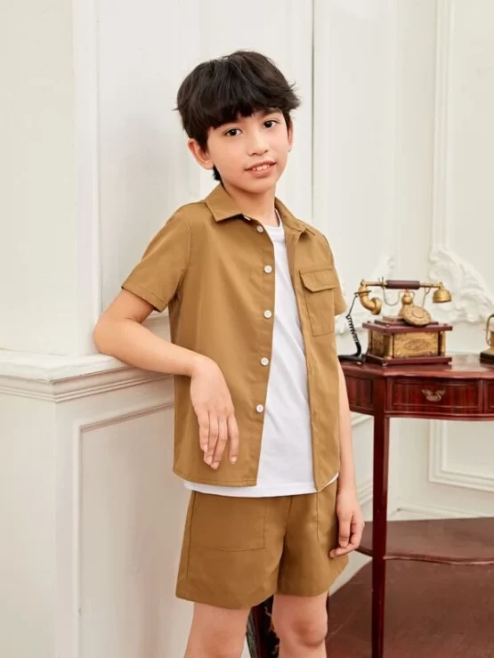 Boys 1pc Flap Pocket Shirt & 1pc Solid Tee & 1pc Shorts