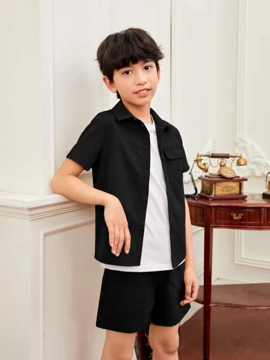 Boys 1pc Flap Pocket Shirt & 1pc Solid Tee & 1pc Shorts - Image 7