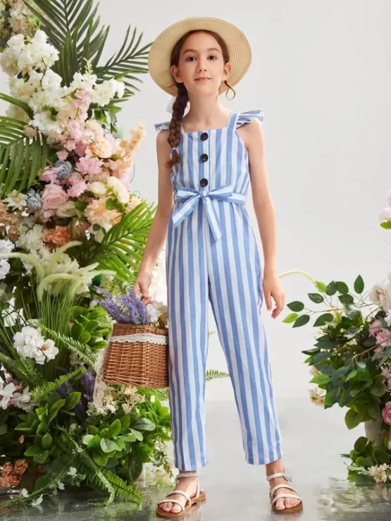Girls Button Front Belted Striped Jumpsuit