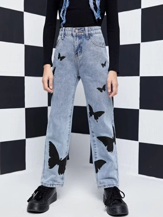 Girls Butterfly Pocket Print Straight Leg Jeans