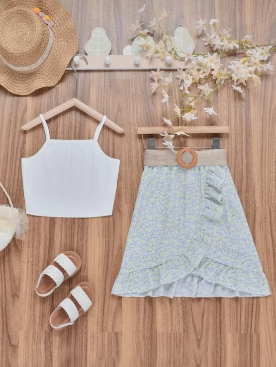 Girls Solid Cami Top & Ditsy Floral Ruffle Trim Belted Skirt