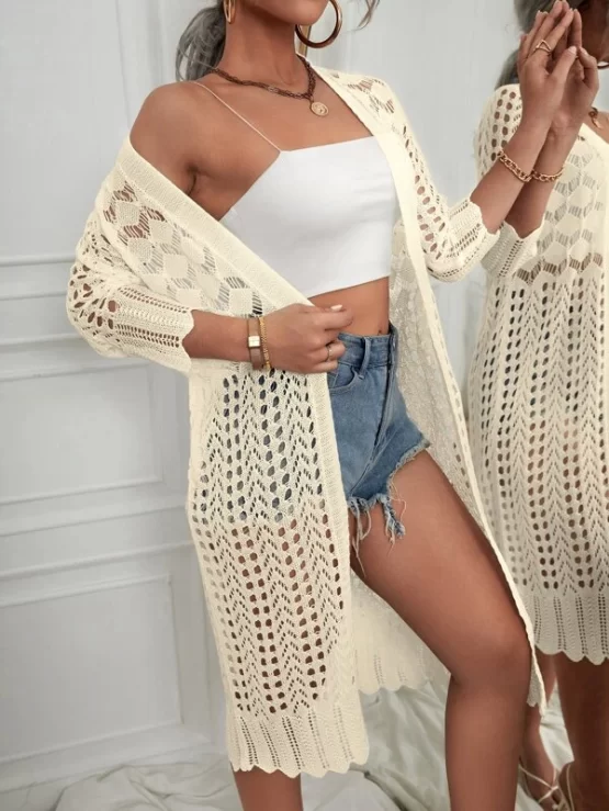 Open Knit Plain Sheer Scallop Trim Cardigan - Image 7