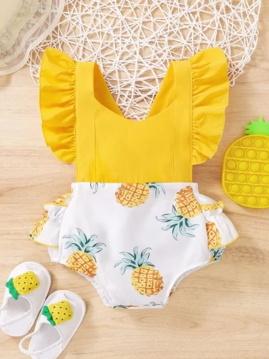 Baby Pineapple Print Ruffle Trim Overall Bodysuit