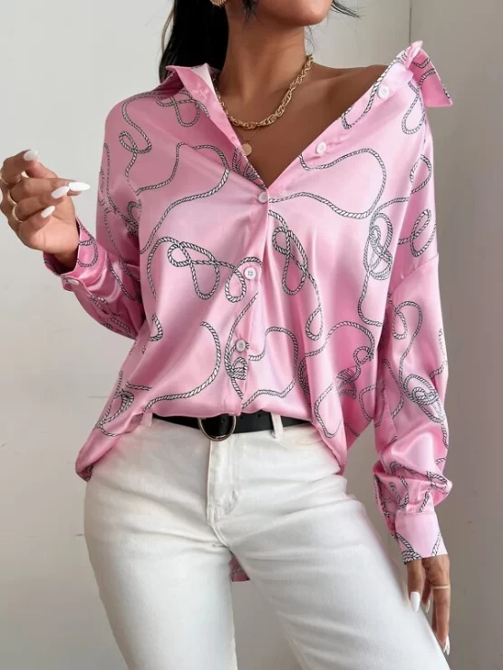 Drop Shoulder Rope Print Bishop Sleeve Blouse - Image 4