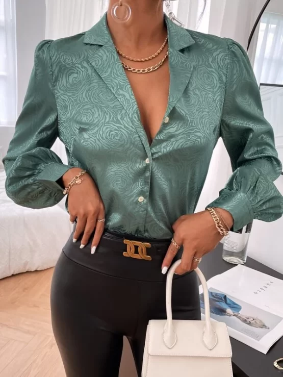 Jacquard Button Through Satin Blouse - Image 4