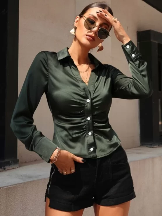 Ruched Button Front Single Breasted Blouse