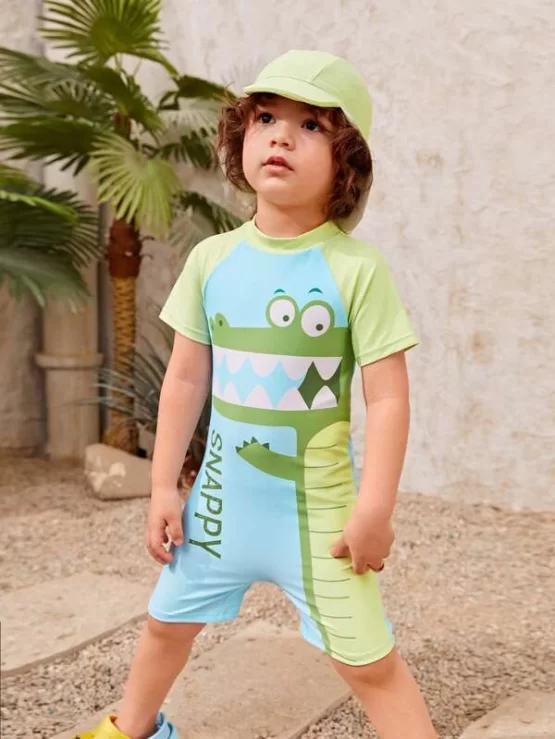 Toddler Boys Cartoon Crocodile Print One Piece Swimsuit With Cap