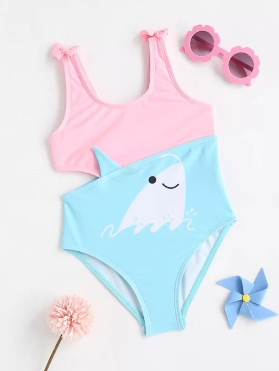 Toddler Girls Colorblock Bow Shoulder One Piece Swimsuit