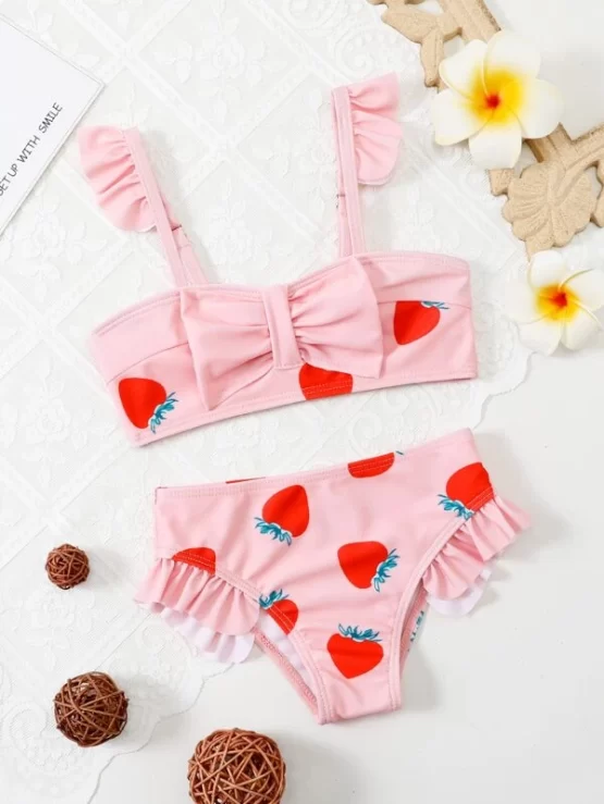 Toddler Girls Strawberry Print Bow Front Bikini Swimsuit