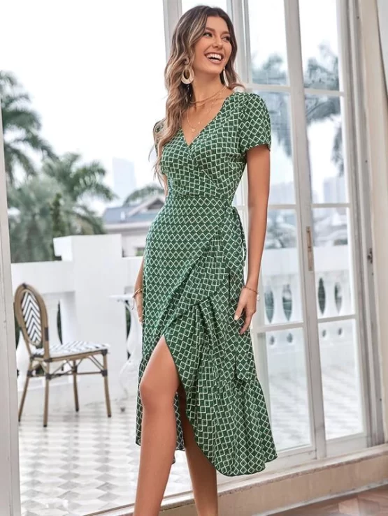 Geo Print Wrap Belted Ruffle Hem Dress