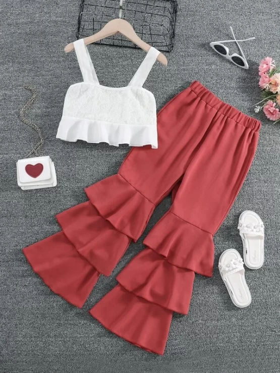 Girls Contrast Lace Cami Top & Layered Hem Pants - Image 4