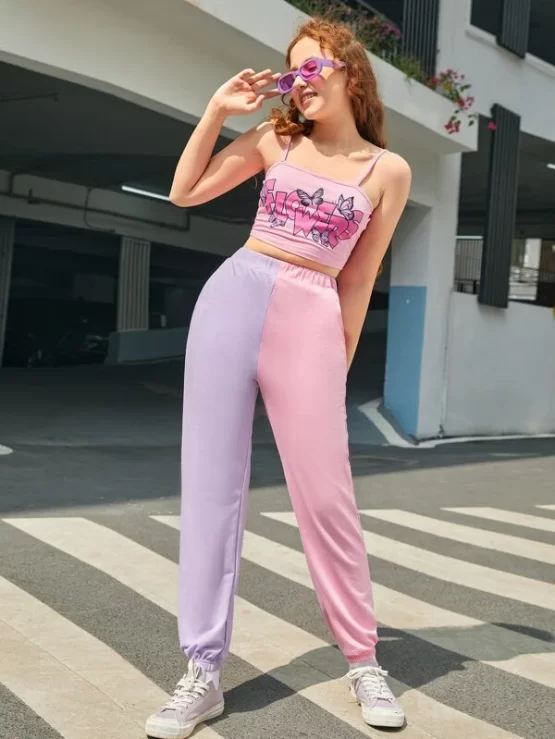 Teen Girls Butterfly and Letter Graphic Crop Cami Top & Spliced Joggers Set