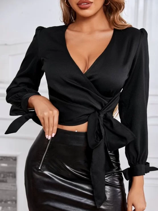 Puff Overlap Collar Sleeve Tie Cuff Blouse - Image 4