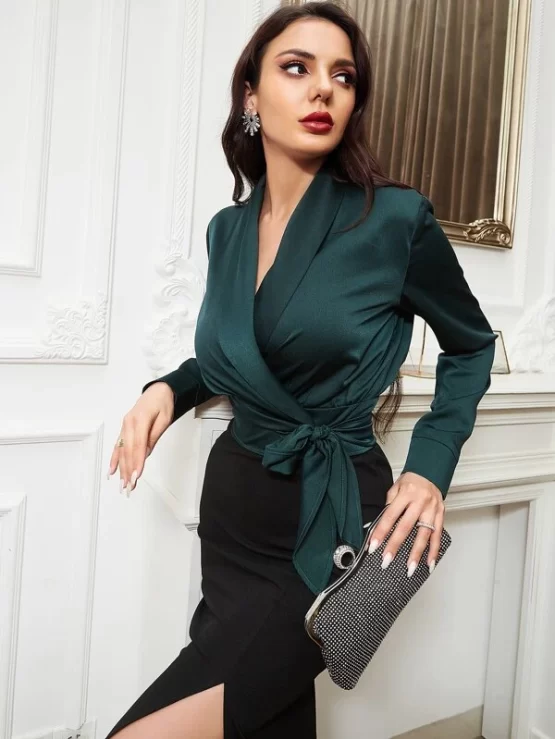 Shawl Collar Wrap Tie Side Satin Blouse - Image 7