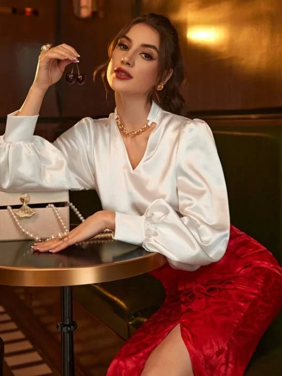 Chain Detail Button Lantern Sleeve Blouse