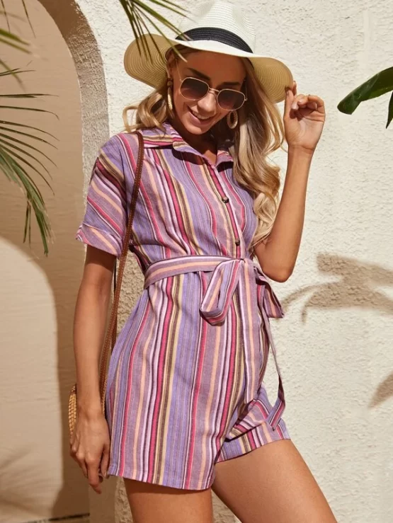 Maternity Button Front Striped Print Belted Romper