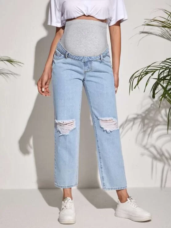 Maternity Contrast Wide Waistband Ripped Skinny Jeans