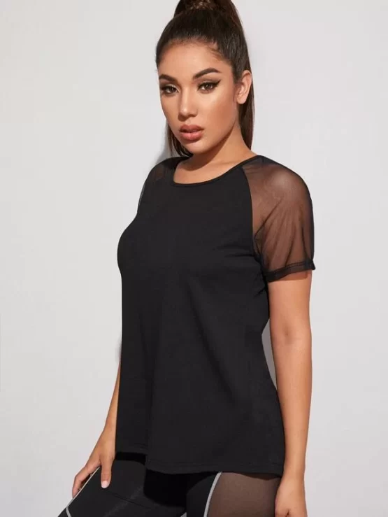 Contrast Mesh Panel Cut Out Sports Back Tee - Image 2
