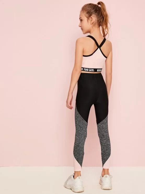 Girls Slogan Tape Detail Marled Panel Cami Top and Leggings Set - Image 2