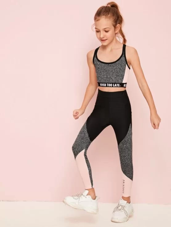 Girls Slogan Tape Detail Marled Panel Cami Top and Leggings Set - Image 3