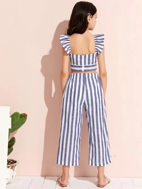 Girls Ruffle Armhole Striped Top and Tie Waist Pants Set - Image 2