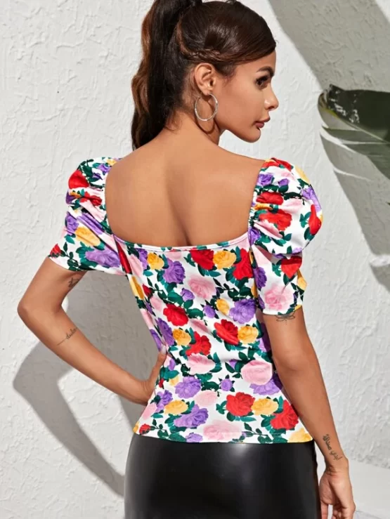 Sweetheart Wrap Neck Puff Floral Sleeve Top - Image 3