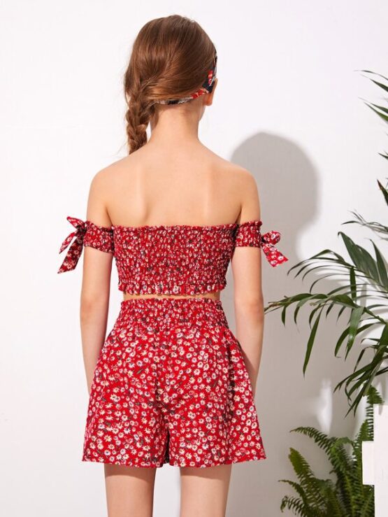 Girls Off Shoulder Knot Sleeve Shirred Ditsy Floral Top & Shorts Set - Image 3