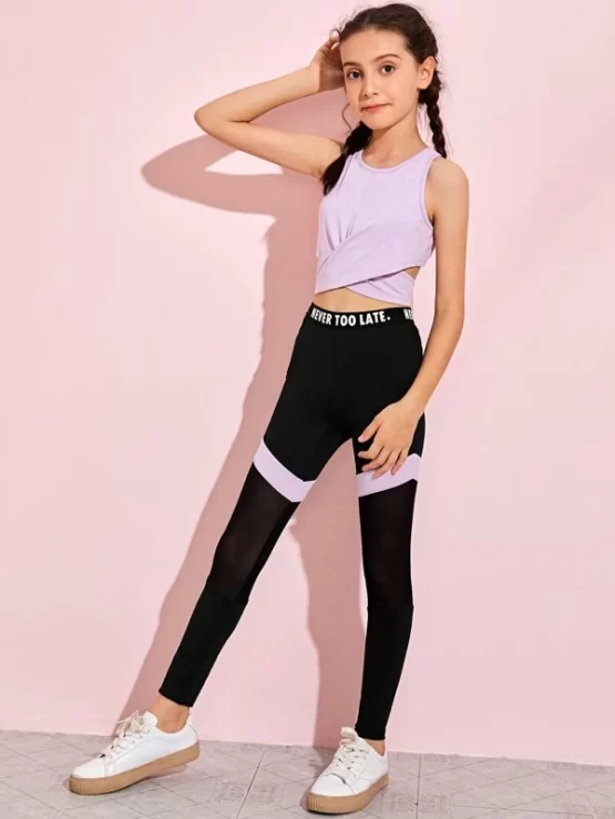 Girls Crisscross Tank Cami Top & Slogan Tape Mesh Insert Leggings Set - Image 3