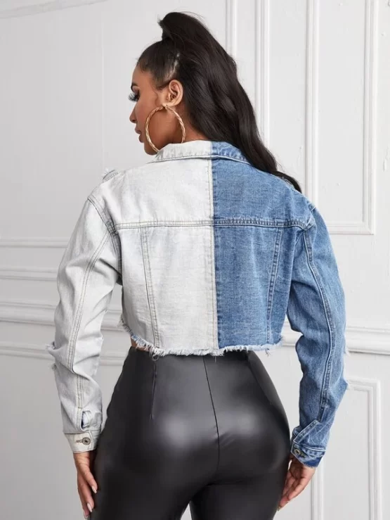 Ripped Detail Distressed Hem Spliced Crop Denim Jacket - Image 2