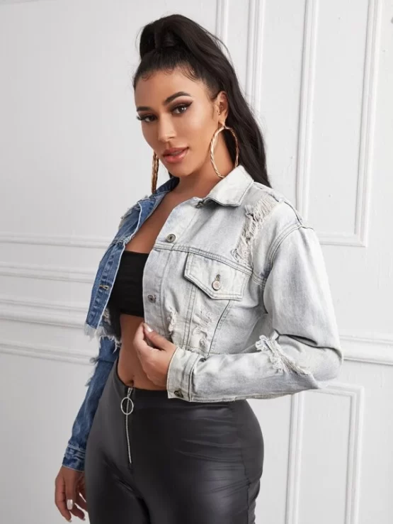 Ripped Detail Distressed Hem Spliced Crop Denim Jacket - Image 3