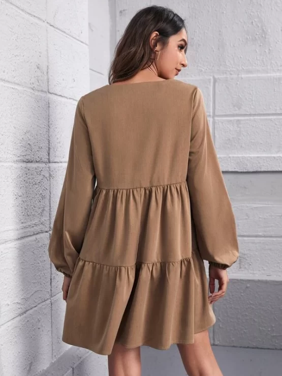 Lantern Plain Ruffle Hem Sleeve Smock Dress - Image 3