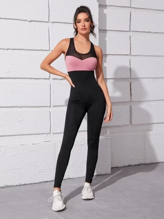 Color-block Mesh Panel Cut Out Back Sports Jumpsuit - Image 3