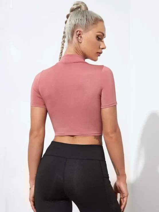Solid Plain Collar Half Zipper Sports Crop Tee - Image 3