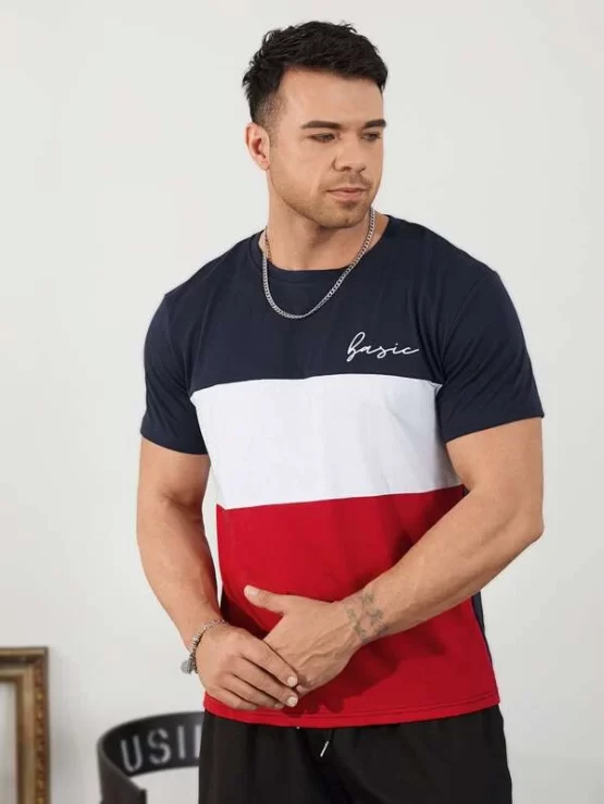 Extended Sizes Men Letter And Color Block Tee - Image 2