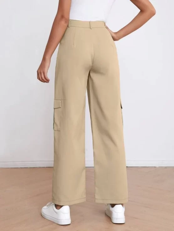 High Waist Button Pocket Zipper Fly Solid Cargo Pants - Image 3
