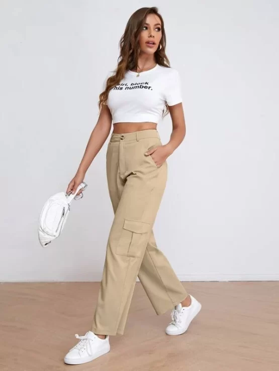 High Waist Button Pocket Zipper Fly Solid Cargo Pants - Image 2