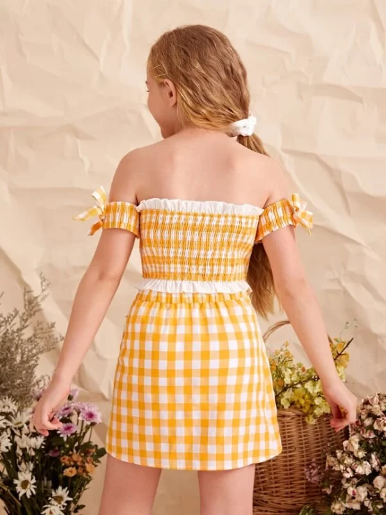 Girls Gingham Shirred Bardot Top & Wrap Skirt Set - Image 3
