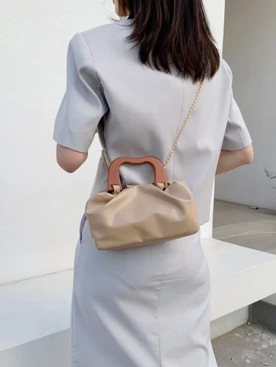 Fashionable Leather Khaki Ruched Chain Bag - Image 2