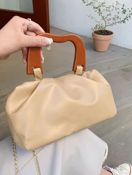 Fashionable Leather Khaki Ruched Chain Bag - Image 3