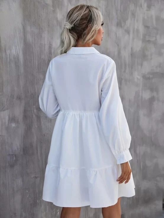 Solid Collar Flounce Lantern Sleeve Smock Dress - Image 2