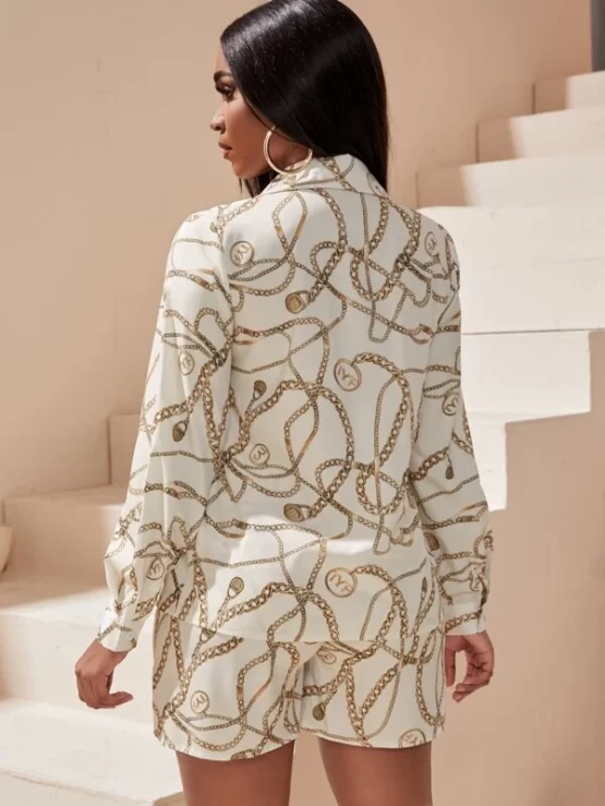 Chain Print Blouson Sleeve Blouse & Slant Pockets Shorts - Image 2